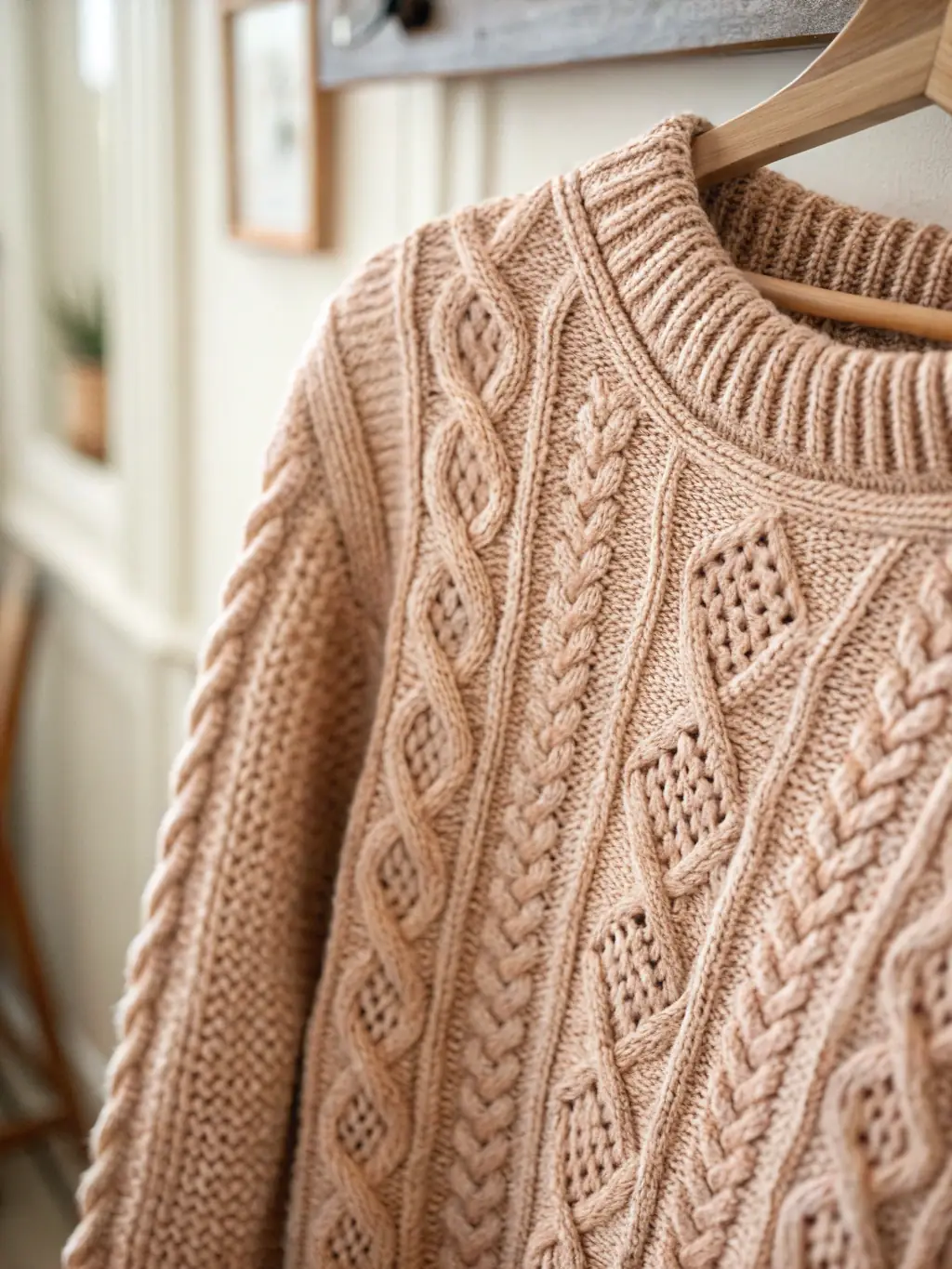 A close-up shot of a finely knitted sweater, showcasing the texture and detail of the yarn, in a warm, inviting color, used to highlight the quality of Apex Global Export's knitwear.
