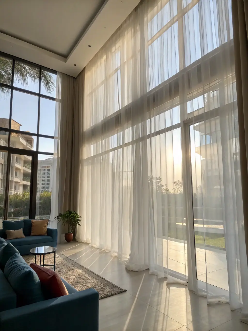 An image of a beautifully decorated living room with flowing, high-quality curtains in neutral and vibrant colors, showcasing the elegant curtains collection of Apex Global Export.