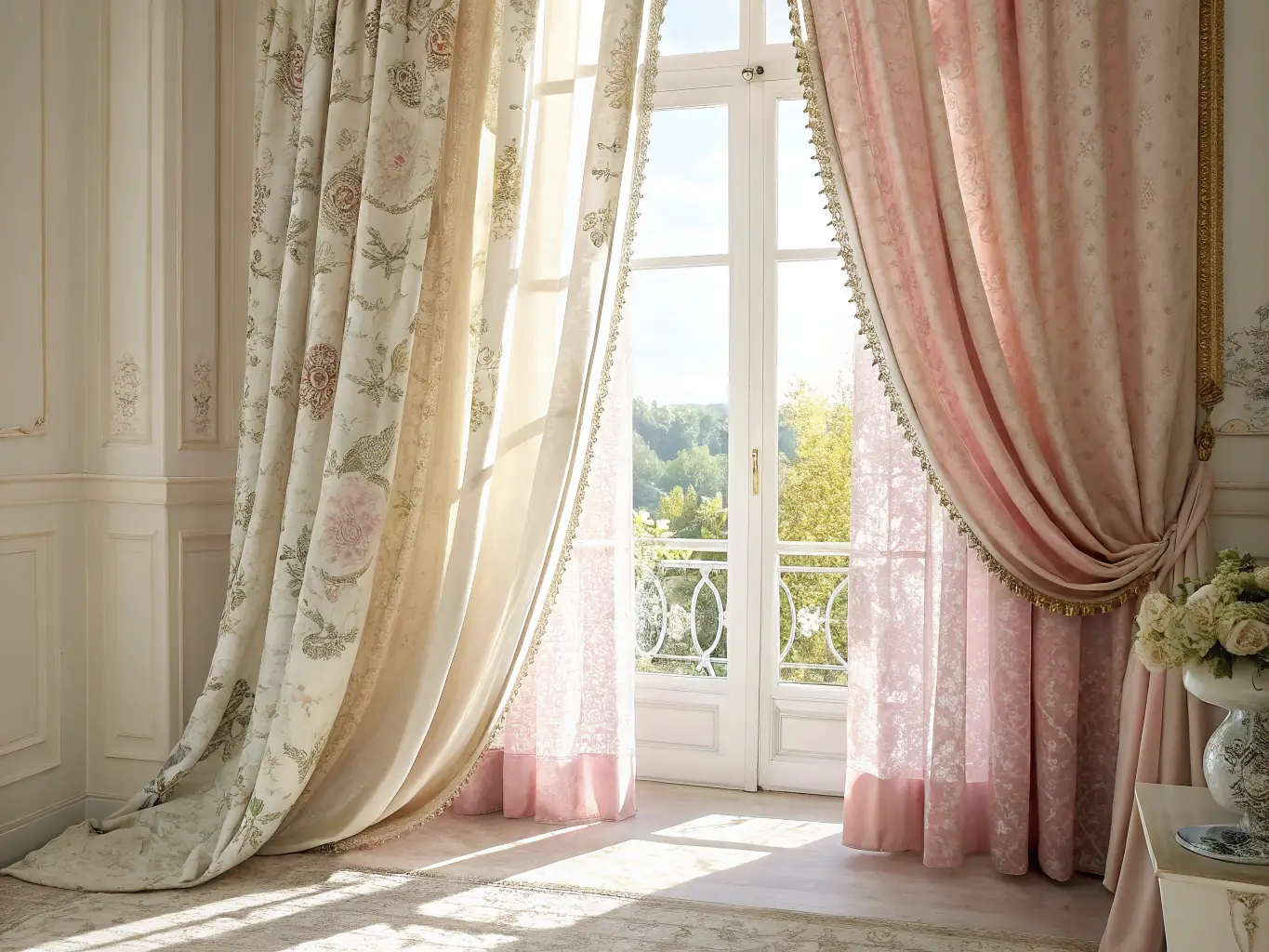 A beautifully arranged display of elegant curtains in various fabrics, colors, and patterns, showcasing their ability to enhance the aesthetic of a living space. The image should emphasize the luxurious feel and sophisticated designs of the curtains.