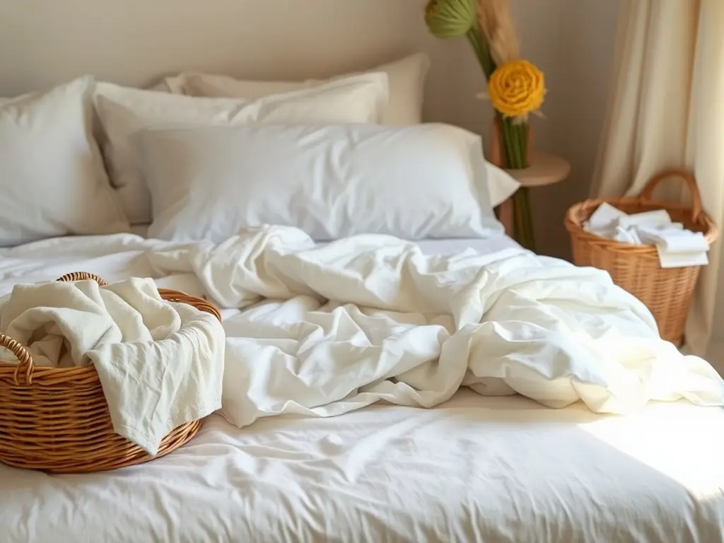 A close-up shot of luxurious bed linens and bedsheets, highlighting the soft, breathable fabrics and intricate detailing. The image should convey a sense of comfort, quality, and restful sleep.